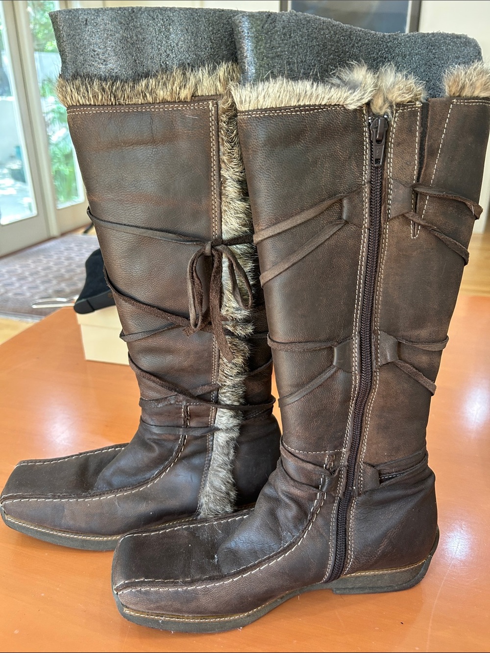 Brown Leather Knee Boots with Fur Trim and Lining